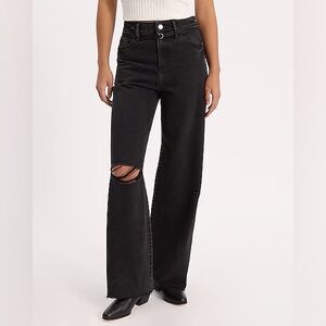 High Waisted Black Wash Rigid Stretch Ripped Wide Leg Jeans- W/O Belt 14 Short